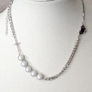 Reflect Light Faux Pearl Cross Stainless Steel Chain Necklace 18.5in‎